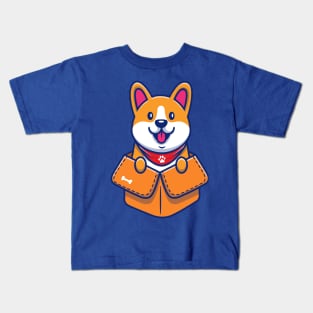 Cute Corgi Plalying In Box Cartoon Kids T-Shirt